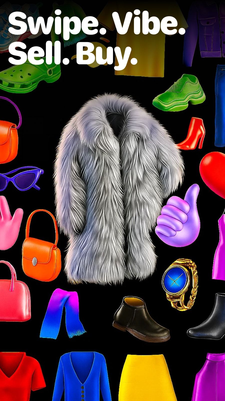 A collage of clothes and the line “Swipe. Vibe. Sell. Buy.”